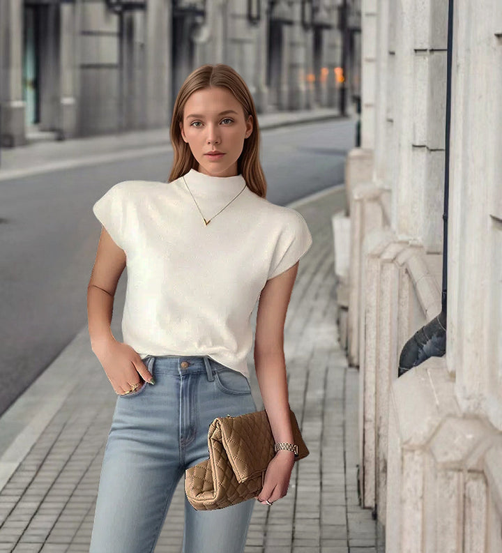 Ladies elegant short sleeve t-shirt with high collar and fitted cut Lune London