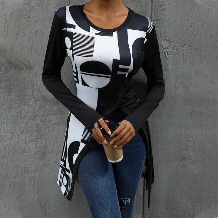 Ladies long modern t-shirt with geometric print and asymmetrical cut Lune London
