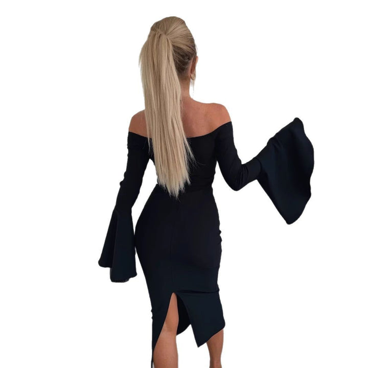 Mid-length dress with flared sleeves for women, off-the-shoulder neckline, Lune London