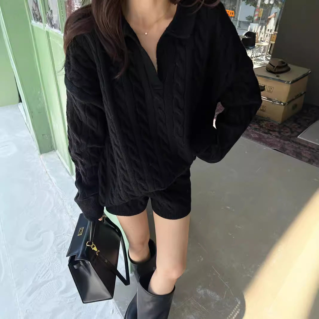 Knit sweater for women with trendy cable pattern and deep V-neck Lune London