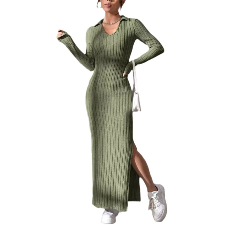 Ribbed long sleeve dress for women with slit and collar Lune London
