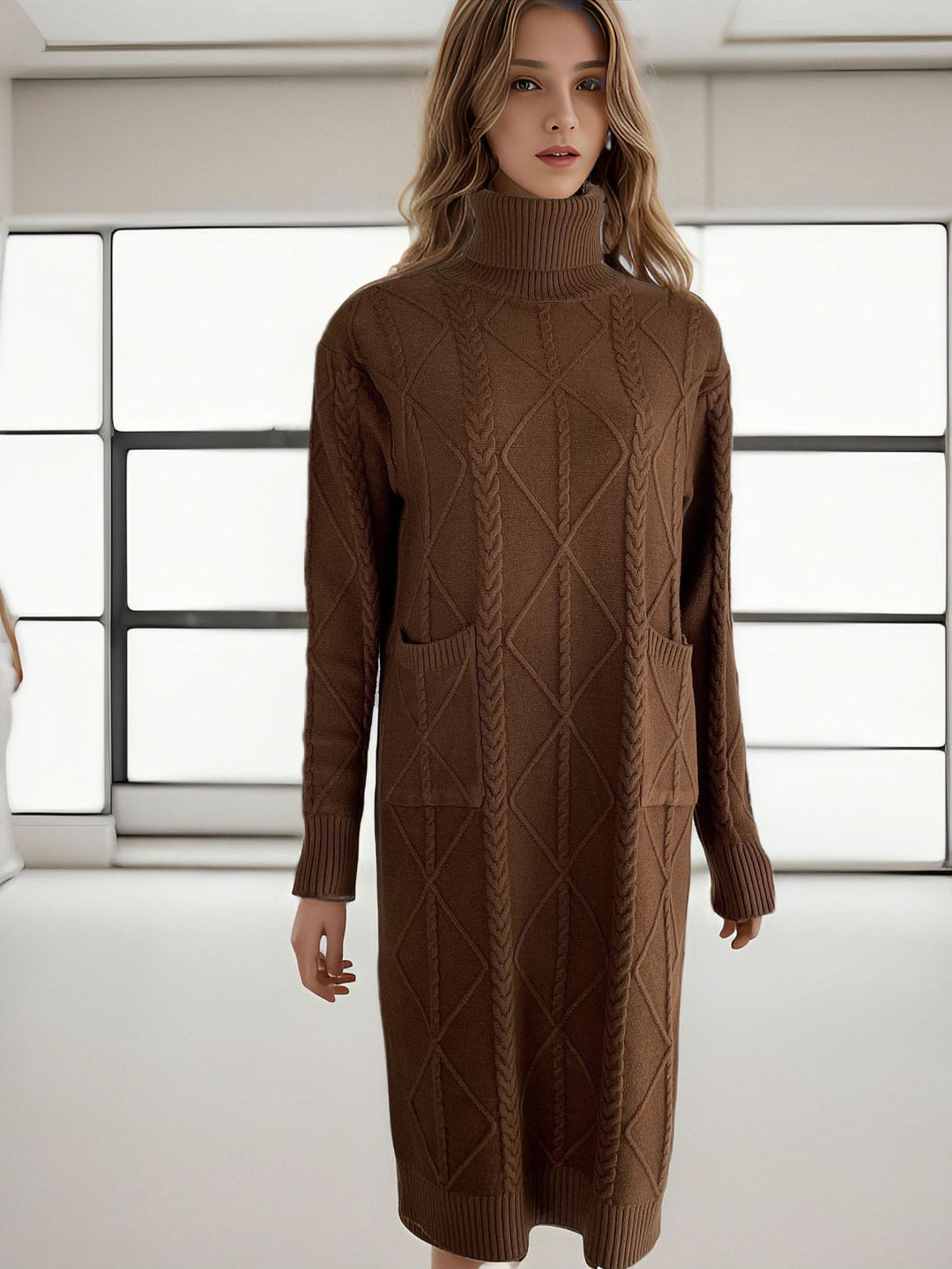 Knit dress for women with a high collar and an elegant weaving pattern Lune London
