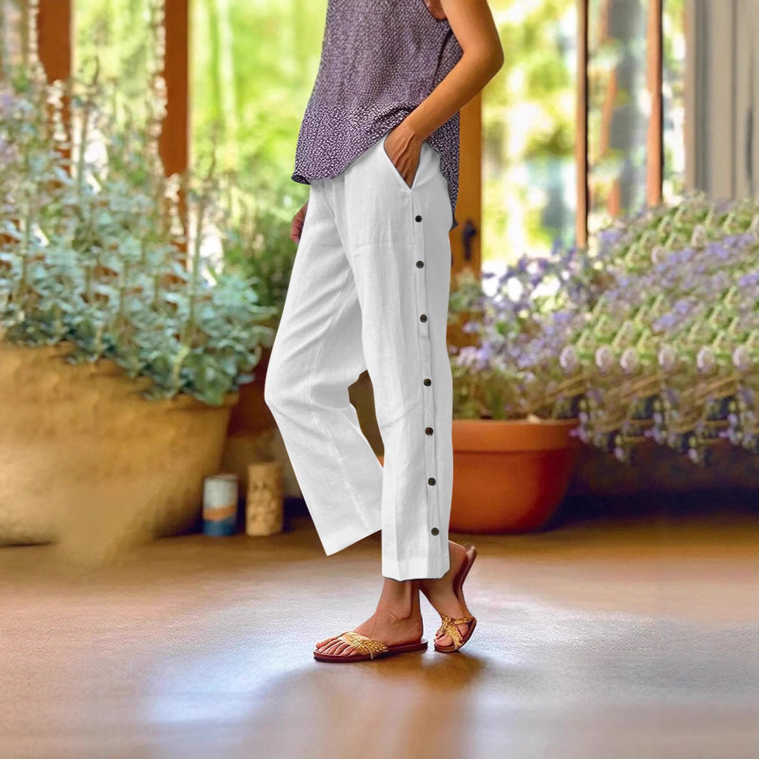 Women Lightweight and Breezy Summer Pants with Side Buttons Lune London