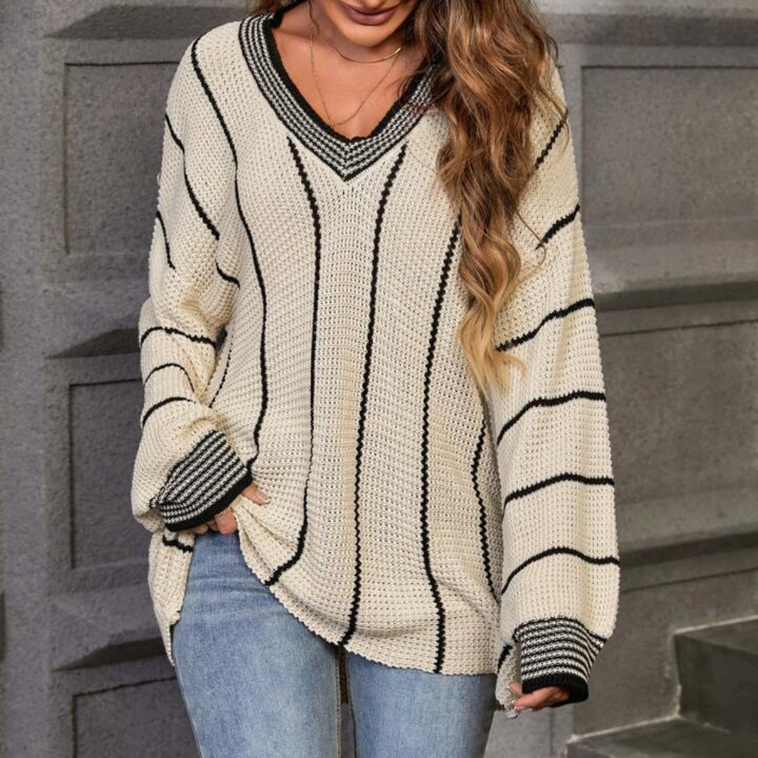 Thick knitted sweater for women with an elegant V-neck and a trendy striped pattern Lune London