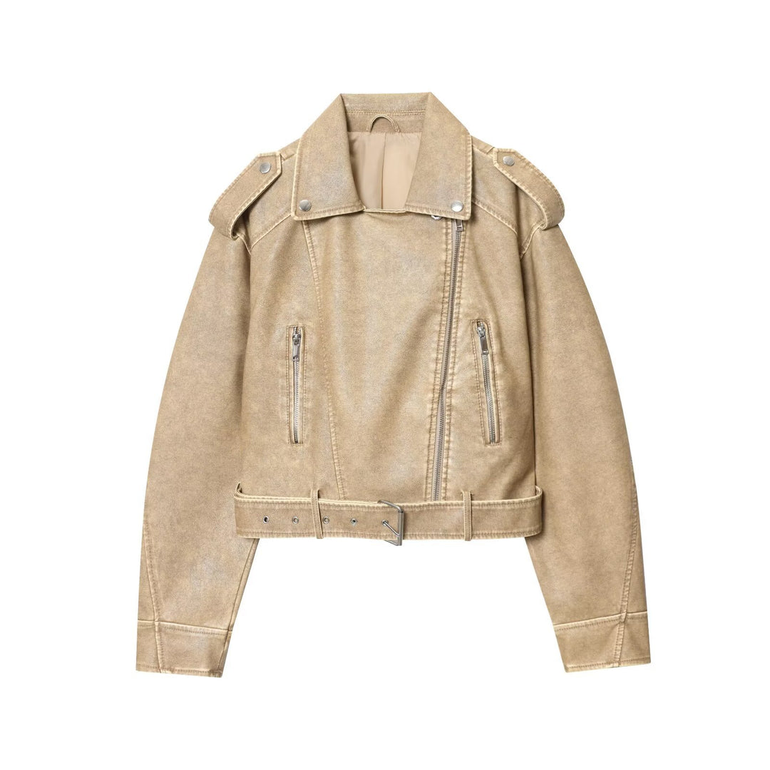 Fashionable women's biker jacket in a vintage look with a belt at the waist and zip pockets Lune London