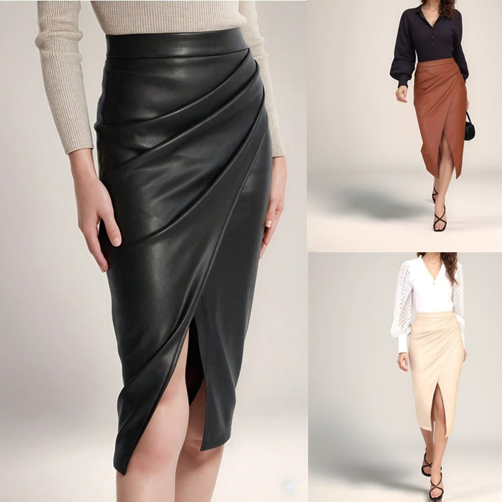 High-waisted pencil skirt for women in faux leather with asymmetrical slit Lune London