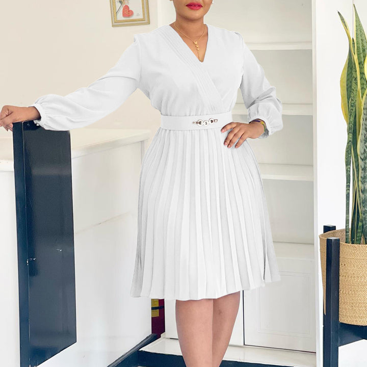 Pleated wrap dress for women with belt and elegant brooch Lune London