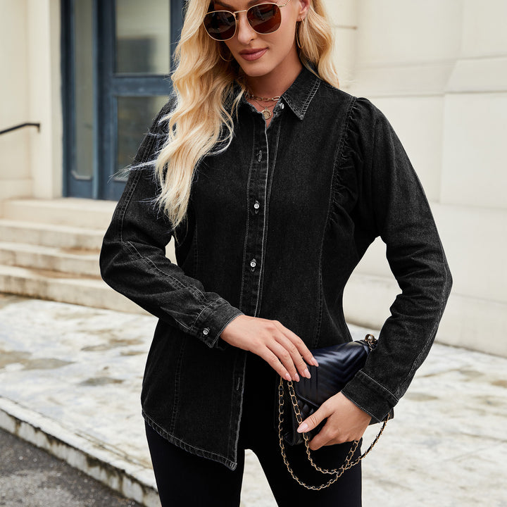 Denim blouse for women with ruffle details and a fitted cut Lune London