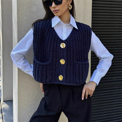 Knitted ladies' vest with golden buttons and pockets Lune London