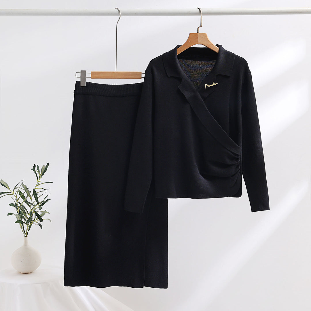 Elegant knit set for women with a wrap top and refined high waist Lune London