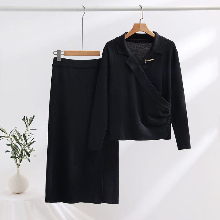 Elegant knit set for women with a wrap top and refined high waist Lune London