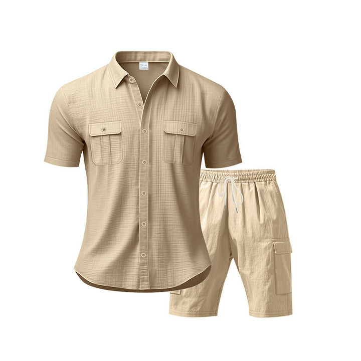 H men's casual short sleeve shirt and chic cargo shorts outfit