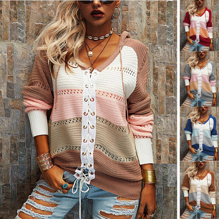 Chunky knit hooded sweater for women with a trendy stripes pattern Lune London