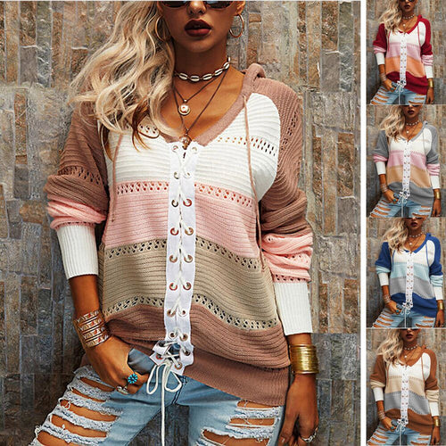 Chunky knit hooded sweater for women with a trendy stripes pattern Lune London