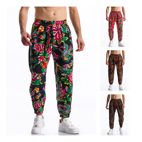 Casual Harem Pants for Men with Colorful Floral Print and Elastic Lune London