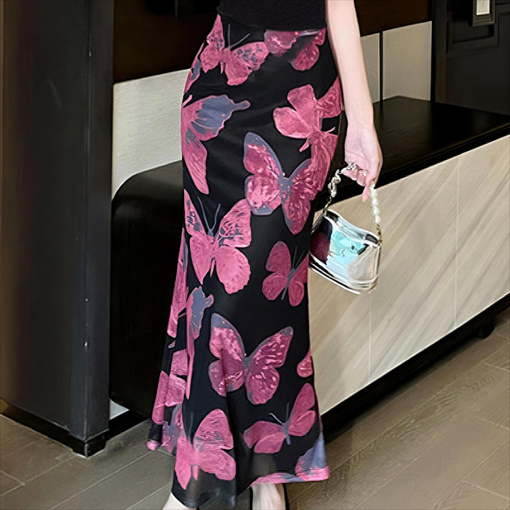 Ladies Elegant Maxi Dress with Floral Butterfly Patterns and Transparent Hem