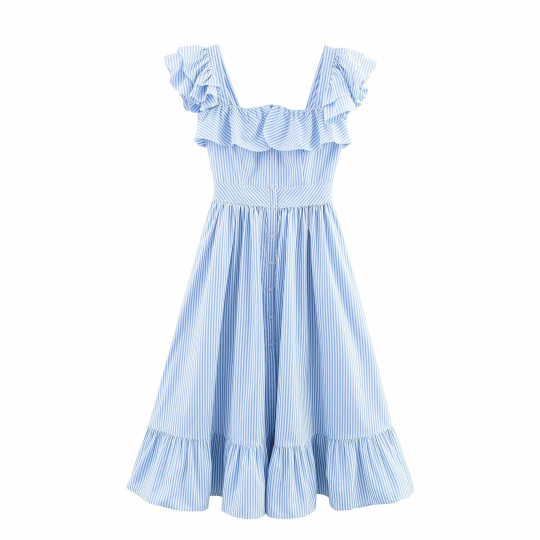 Maxi dress for women with voluminous ruffle design and button closure Lune London