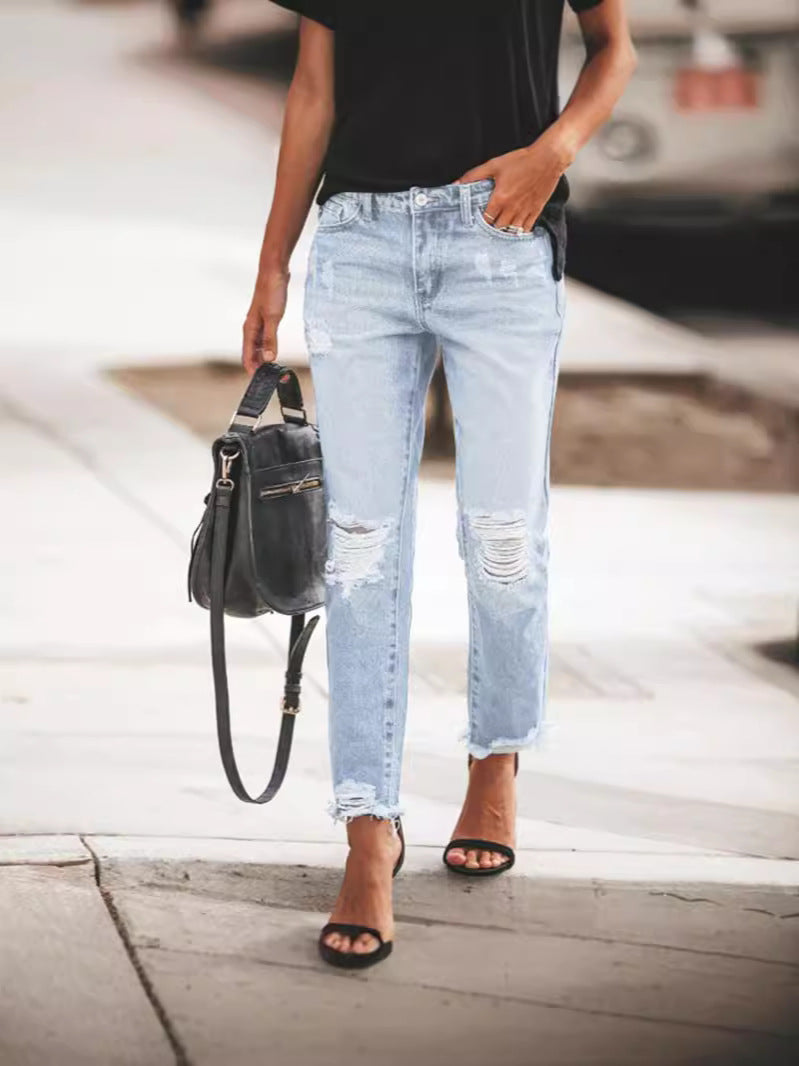 Women’s Ripped Denim Jeans with Casual Cut and Frayed Hem Lune London
