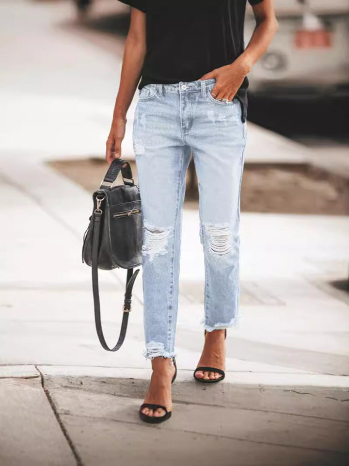 Women’s Ripped Denim Jeans with Casual Cut and Frayed Hem Lune London