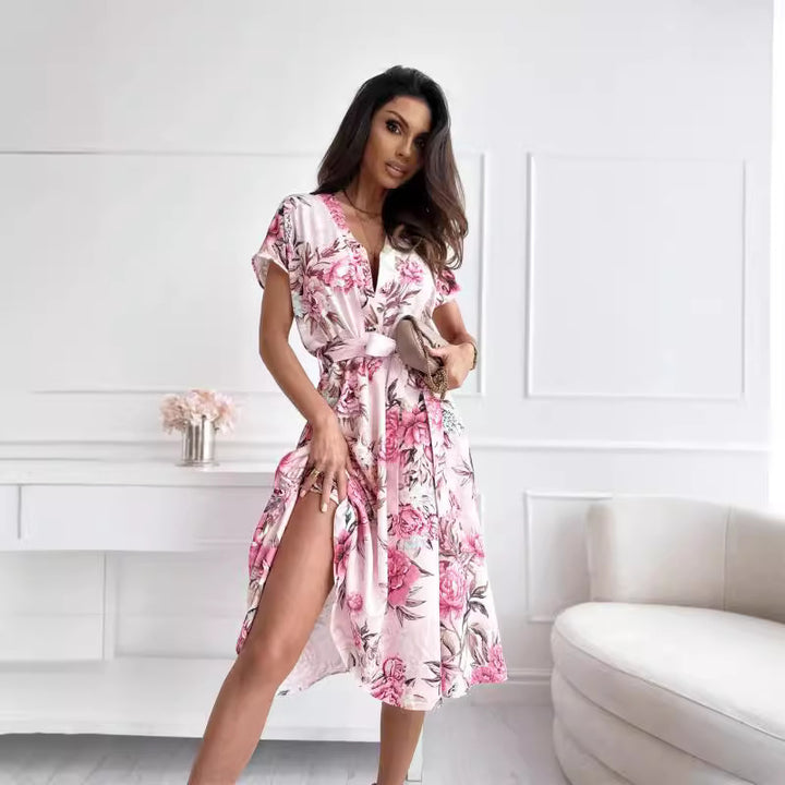 Midi floral pattern dress for women with a tie belt Lune London