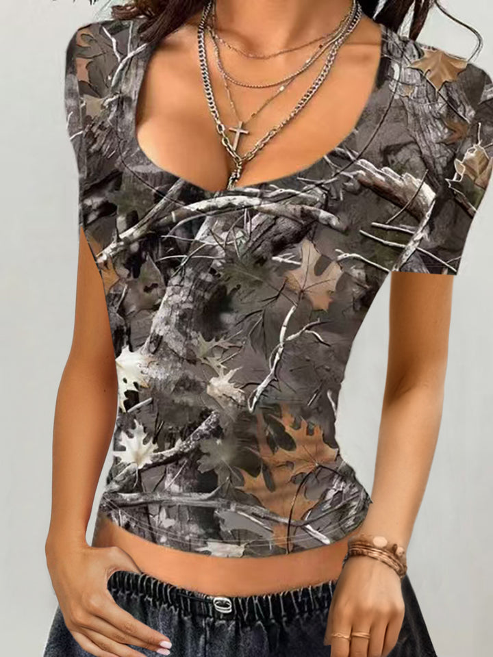 Lune London trendy V neck camo women's T-shirt
