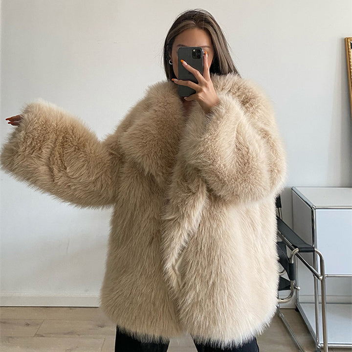 Ladies Elegant Synthetic Fur Jacket with Soft Collar and Trendy Chic Cut and Style