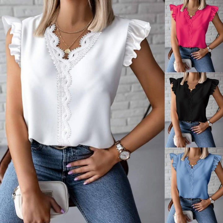 Women's blouse with ruffle details and lace appliqués Lune London