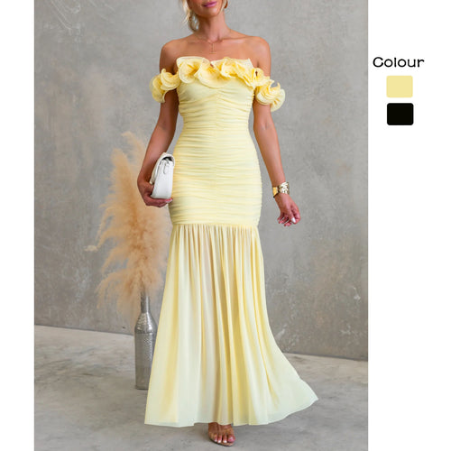 Women's Off-Shoulder Maxi Dress with Voluminous Ruffle Details and Elegant Waist Cut