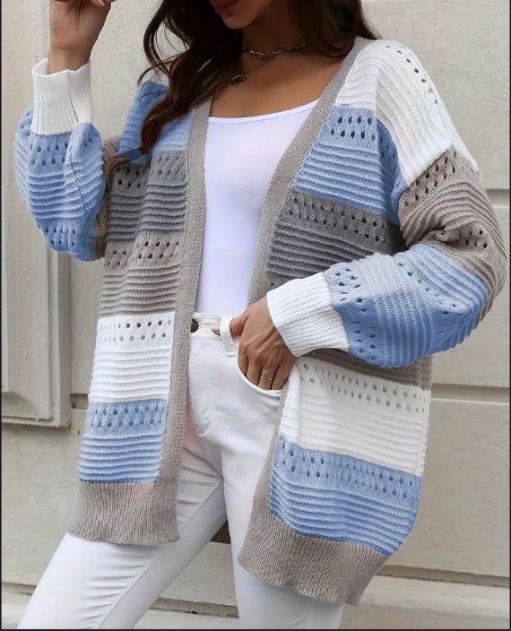 Cardigan en tricot large pour femmes avec un motif en dentelle unique et un design en blocs de couleur Chic & Stil