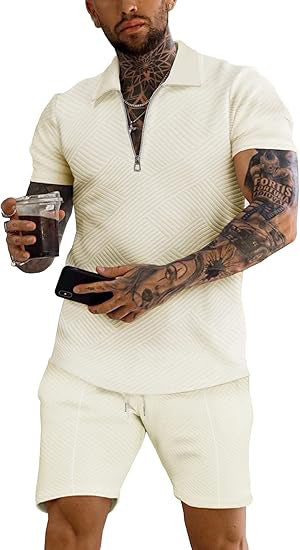 Men's trendy short-sleeve top with textured design and matching shorts Lune London
