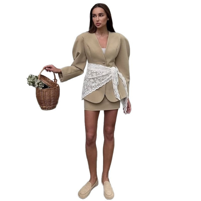 Trendy women's blazer dress with high collar and ruffle details Lune London