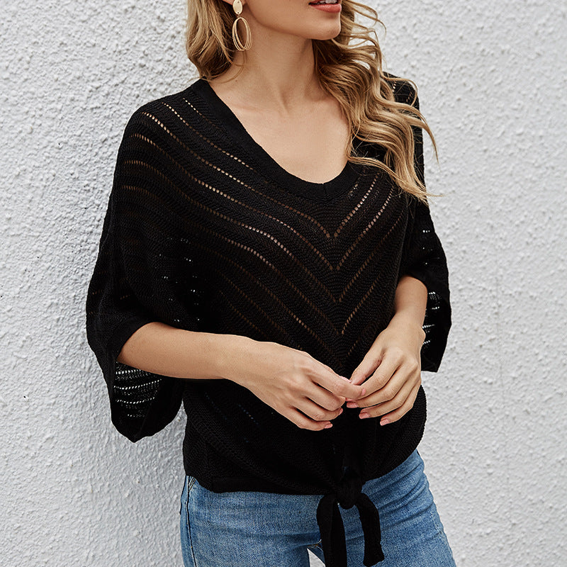 Ladies airy knit top with deep V-neck and asymmetrical hem Lune London