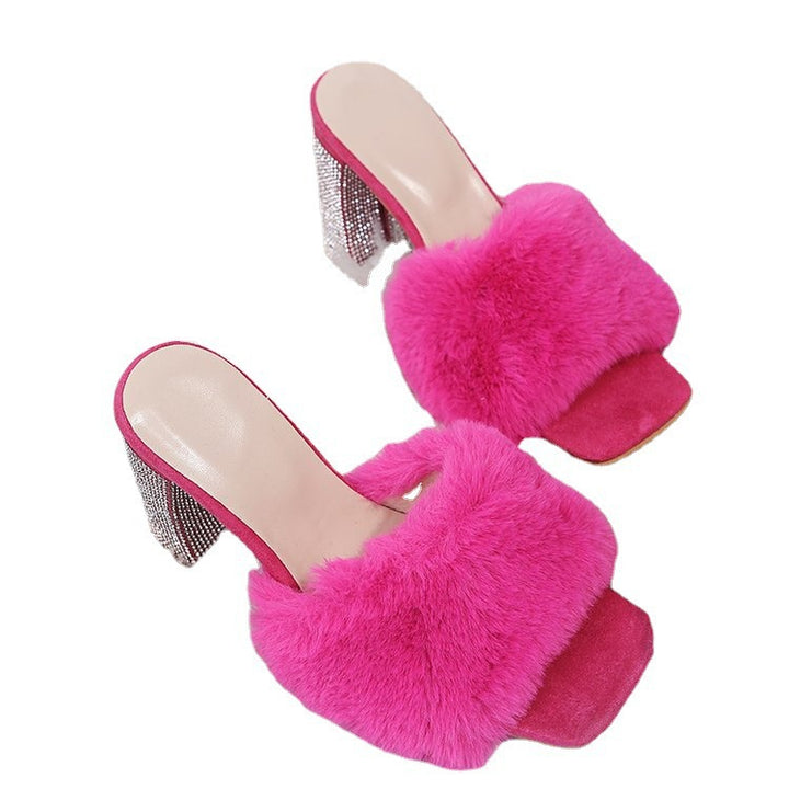 Glamorous mules for ladies with soft faux fur and sparkling heel Lune London