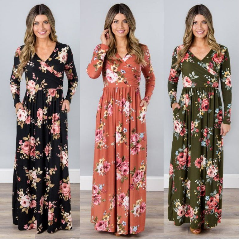 Robe maxi pour femmes avec design floral enroulé et manches longues Chic & Stil