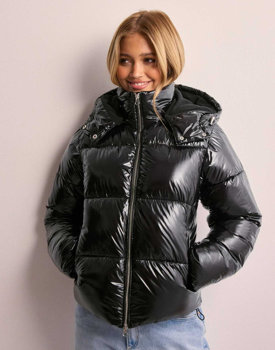 Ladies Shiny Quilted Jacket with Removable Hood Lune London