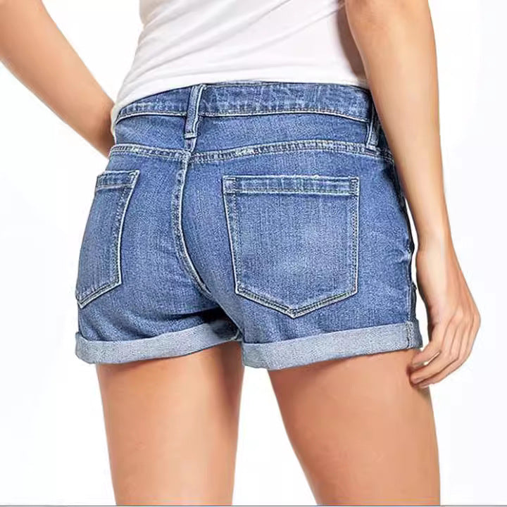 Women's fashionable destroyed denim shorts with rolled hem Lune London