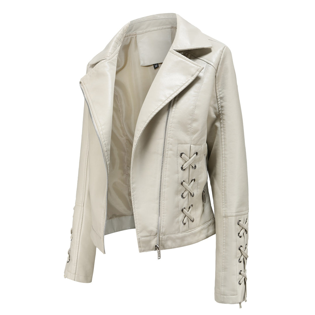 Ladies elegant biker jacket in faux leather with decorative lace details Lune London