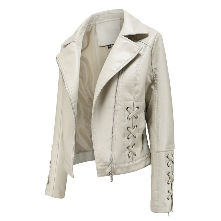 Ladies elegant biker jacket in faux leather with decorative lace details Lune London