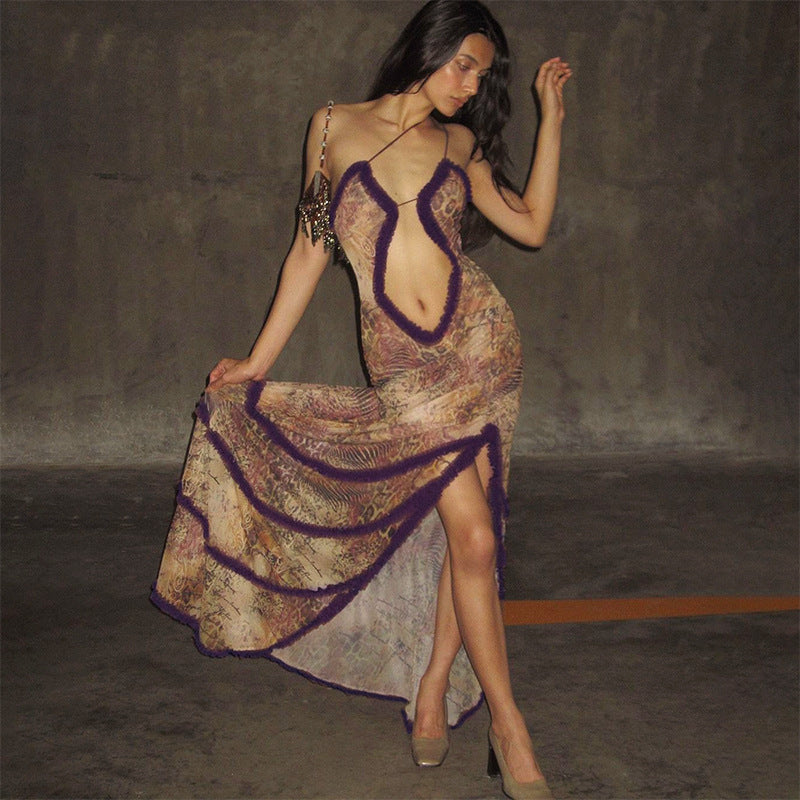 Lune London Women’s Seductive Maxi Dress with Deep V Neckline and Ruffle Details
