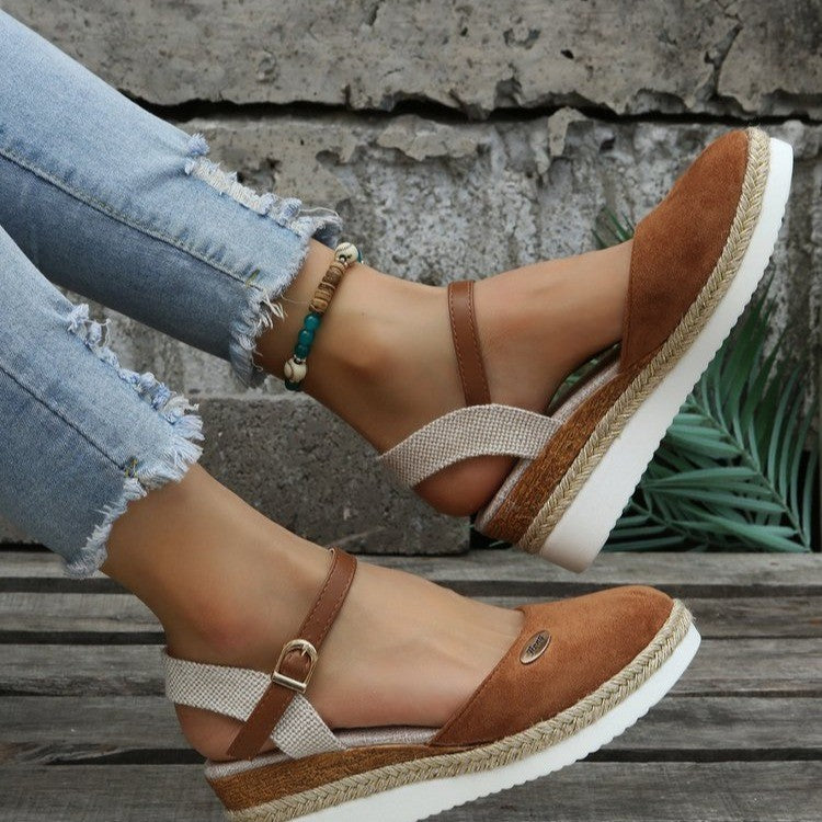 Wedge heel sandals for women with woven strap design and comfortable sole Lune London