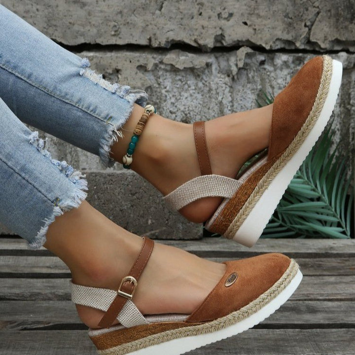 Wedge heel sandals for women with woven strap design and comfortable sole Lune London