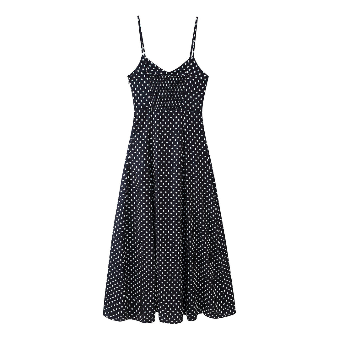 Midi dress for women with thin spaghetti straps and a playful polka dot design Lune London
