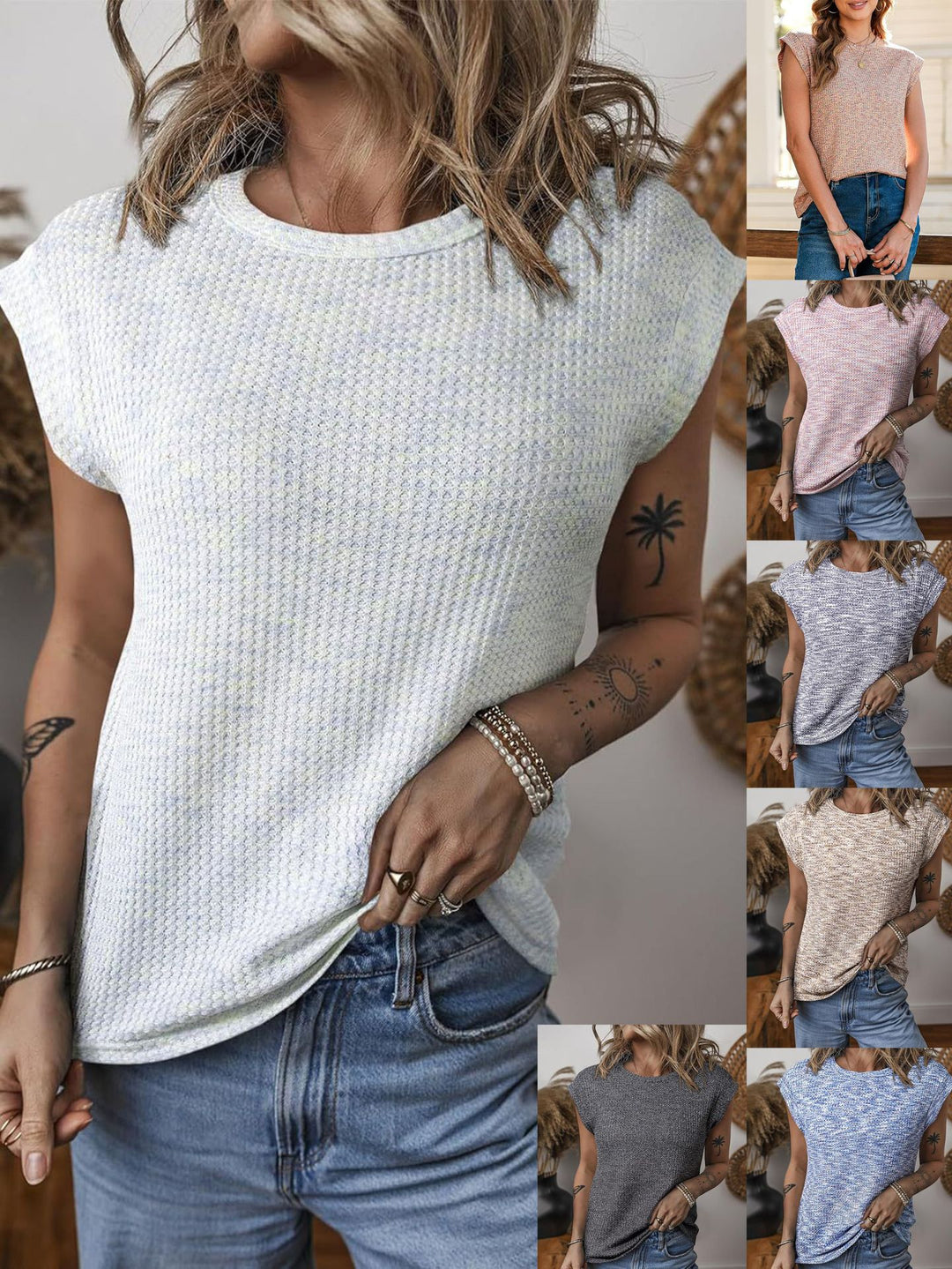 Round neck short sleeve textured T-shirt for women Lune London
