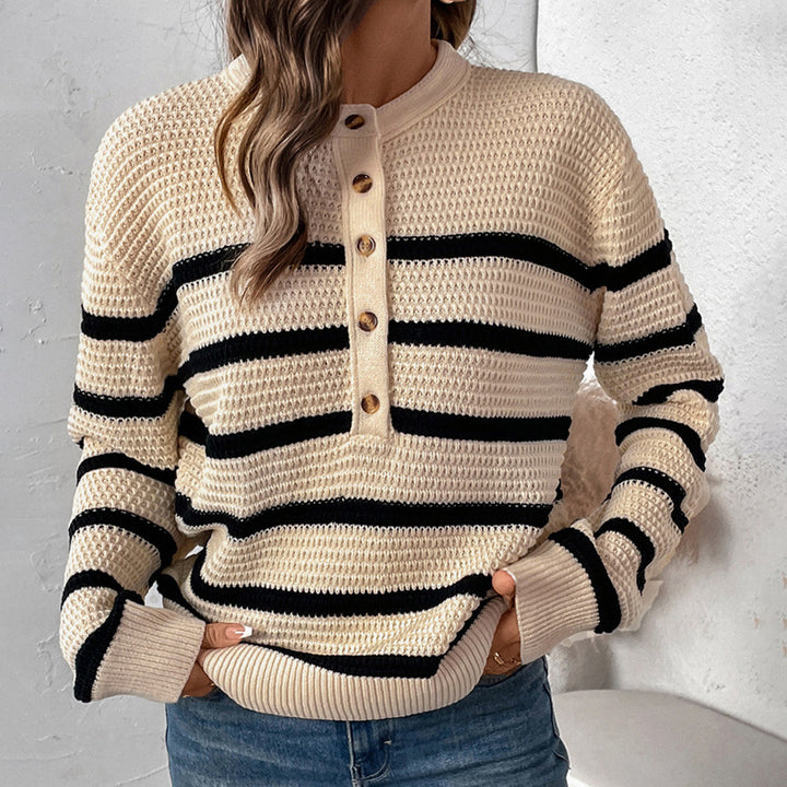 Striped women's sweater with button placket in textured wool Lune London