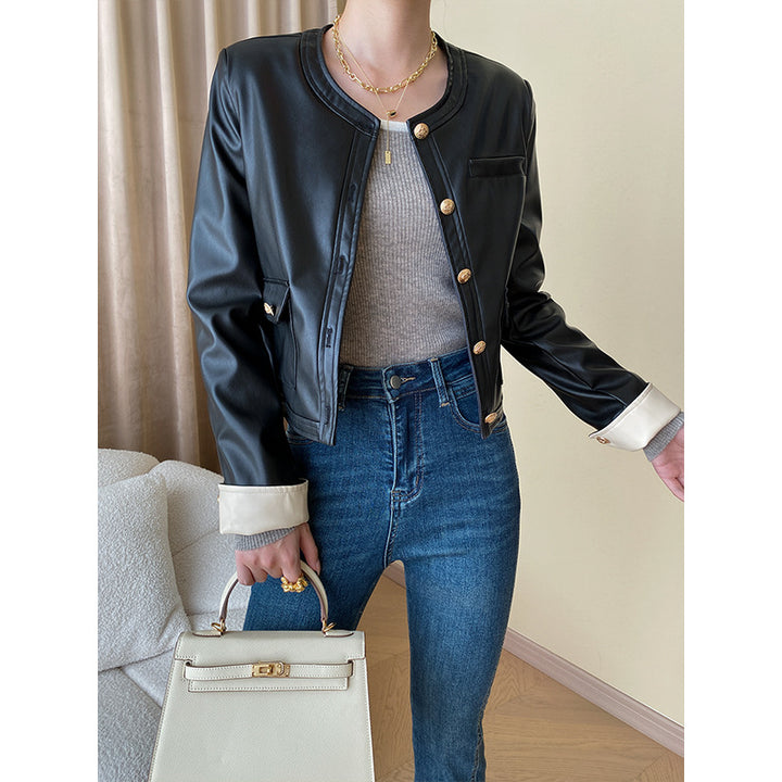 Ladies fashionable faux leather jacket with diagonal cuts Chic & Stil