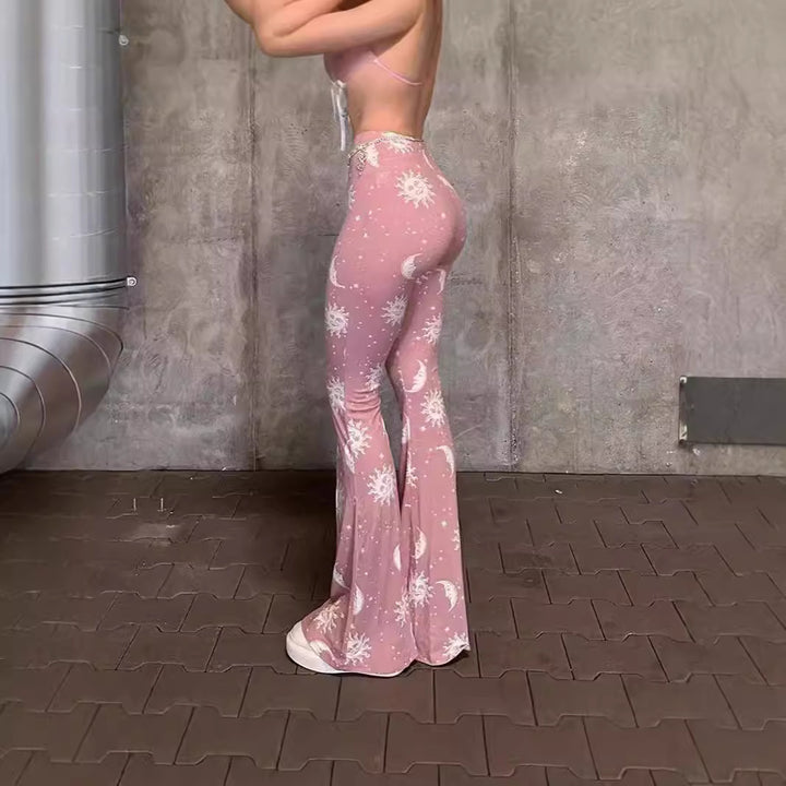 Bootcut pants for women with artistic moon and sun design Lune London