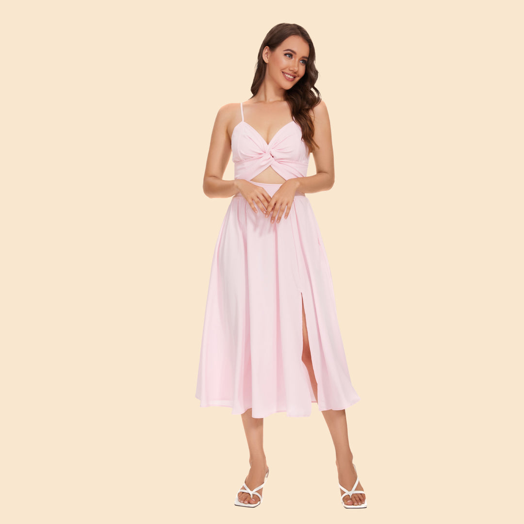 Women's two-piece ensemble with elegant knot-free blouse and flowing skirt with slit Lune London