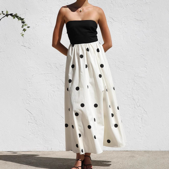 Maxi dress for women with strapless top and playful polka dot pattern Lune London
