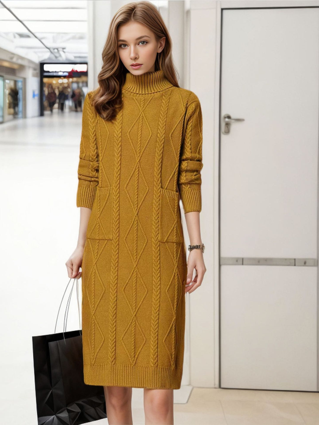 Knit dress for women with a high collar and an elegant weaving pattern Lune London