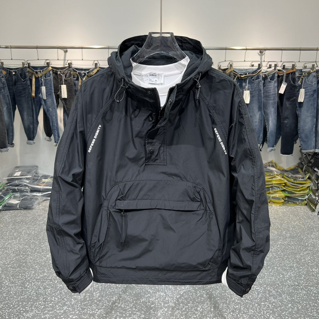 Functional outdoor jacket for men with high collar and practical pockets Lune London